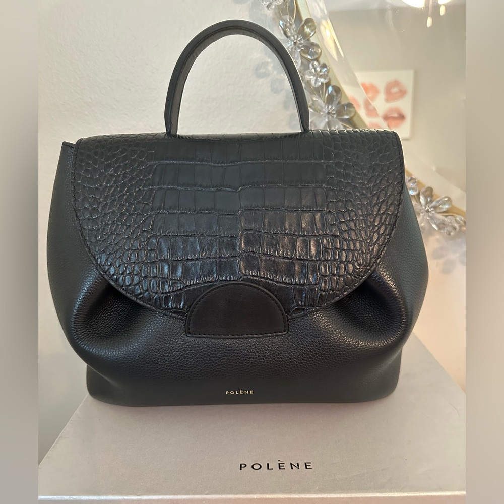 Polène Black Croc-Embossed Top-Handle Satchel